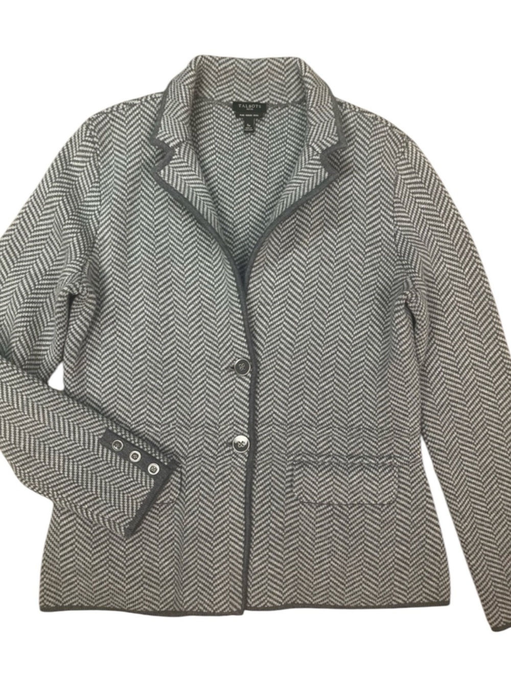 Vintage Talbots Merino Wool Sweater Blazer Size Small Petite Herringbone Grey